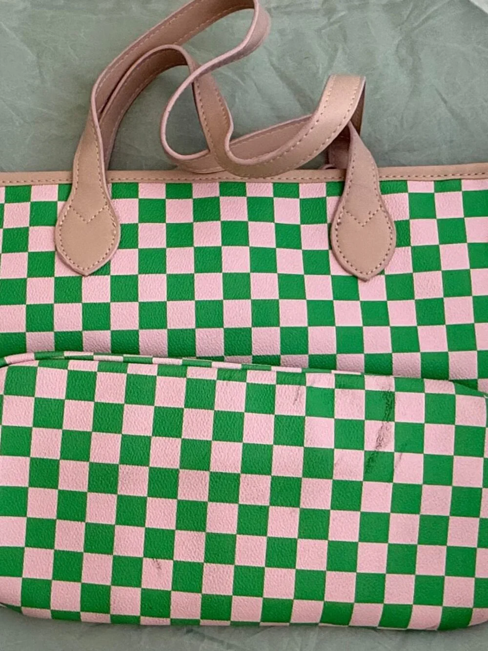 Pink & Green Checkered Weekender/Duffle Bag + Matching Zip Wallet/Card Case 4pc